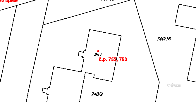 Vrahovice 752,753, Prostějov na parcele st. 957 v KÚ Vrahovice, Katastrální mapa