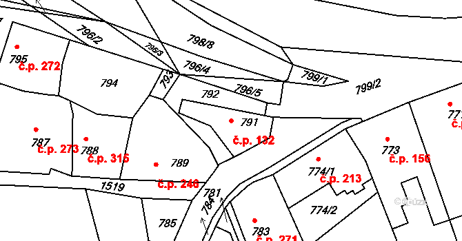Týnec nad Labem 132 na parcele st. 791 v KÚ Týnec nad Labem, Katastrální mapa