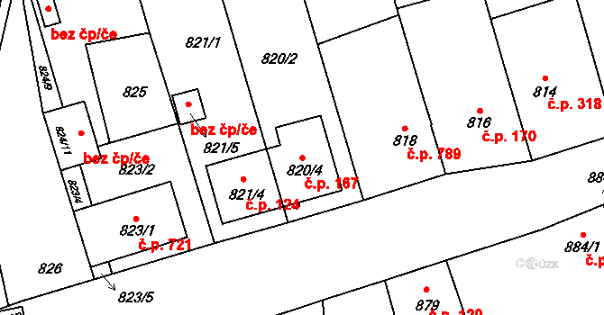 Koryčany 167 na parcele st. 820/4 v KÚ Koryčany, Katastrální mapa