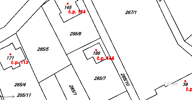 Ohrazenice 144 na parcele st. 186 v KÚ Ohrazenice u Jinec, Katastrální mapa