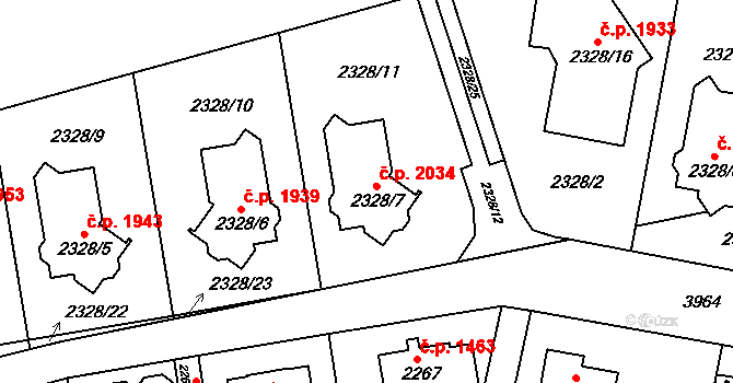 Modřany 2034, Praha na parcele st. 2328/7 v KÚ Modřany, Katastrální mapa
