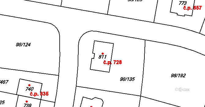 Bašť 728 na parcele st. 811 v KÚ Bašť, Katastrální mapa