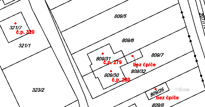 Chylice 279, Ostrožská Nová Ves na parcele st. 809/31 v KÚ Chylice, Katastrální mapa
