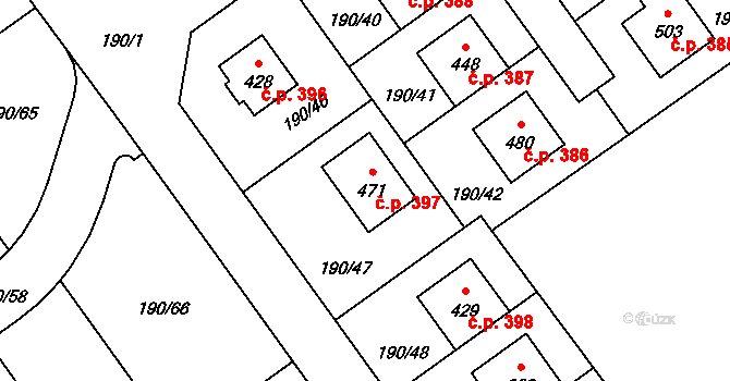 Postřižín 397 na parcele st. 471 v KÚ Postřižín, Katastrální mapa
