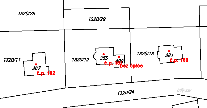 Mezina 161 na parcele st. 355 v KÚ Mezina, Katastrální mapa