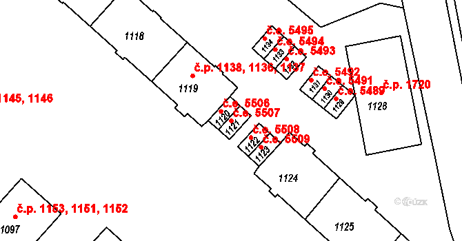 Kadaň 5507 na parcele st. 1121 v KÚ Kadaň, Katastrální mapa