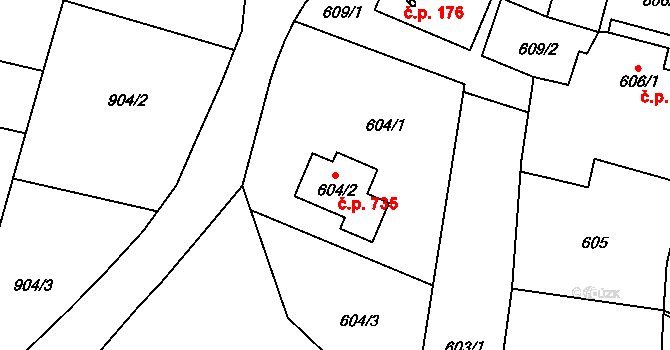 Výškovice 735, Ostrava na parcele st. 604/2 v KÚ Výškovice u Ostravy, Katastrální mapa