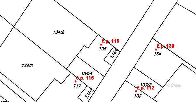 Hlavečník 116 na parcele st. 136 v KÚ Hlavečník, Katastrální mapa