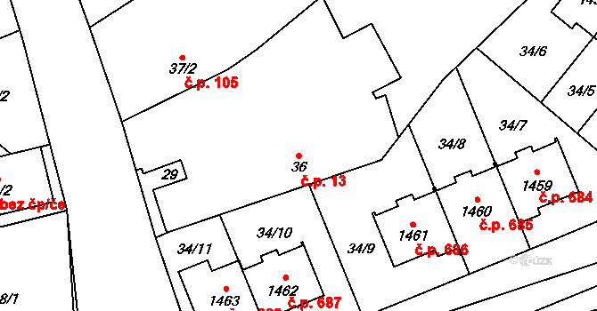 Rosice 13, Pardubice na parcele st. 36 v KÚ Rosice nad Labem, Katastrální mapa