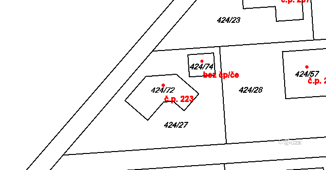 Hudcov 223, Teplice na parcele st. 424/72 v KÚ Hudcov, Katastrální mapa