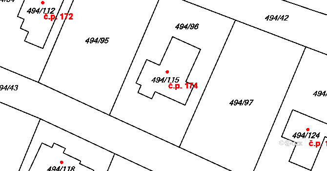 Černotín 174 na parcele st. 494/115 v KÚ Černotín, Katastrální mapa