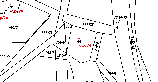 Palačov 74, Starý Jičín na parcele st. 90 v KÚ Palačov, Katastrální mapa