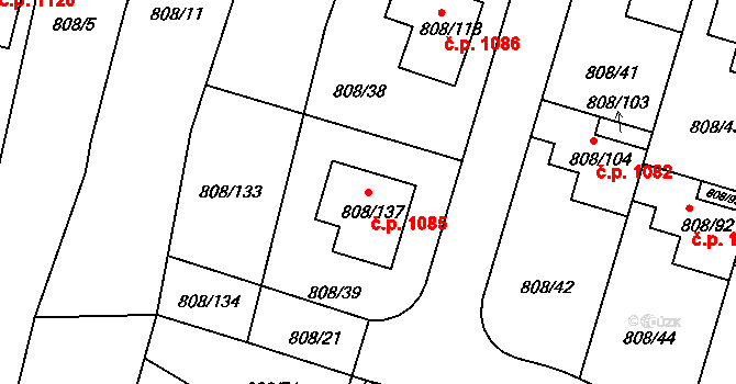 Srubec 1085 na parcele st. 808/137 v KÚ Srubec, Katastrální mapa