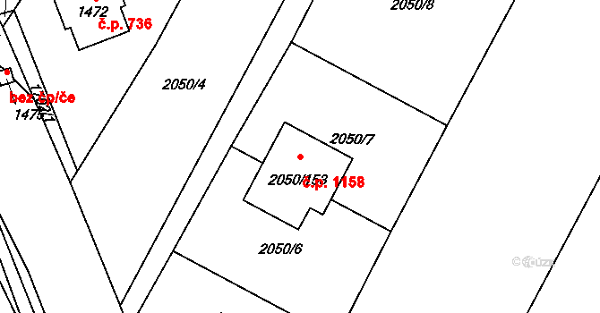 Sadská 1158 na parcele st. 2050/153 v KÚ Sadská, Katastrální mapa