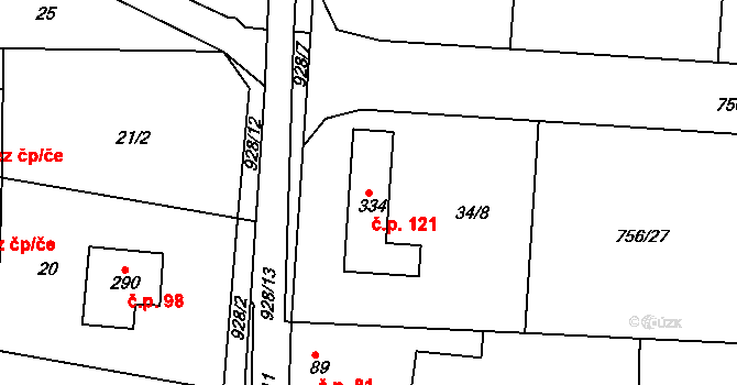 Malé Přílepy 121, Chyňava na parcele st. 334 v KÚ Malé Přílepy, Katastrální mapa