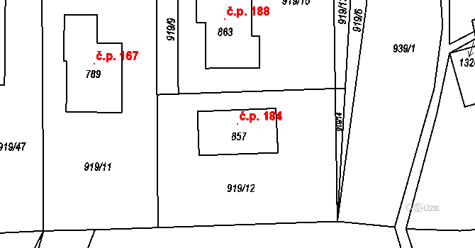 Dolní Sklenov 184, Hukvaldy na parcele st. 857 v KÚ Sklenov, Katastrální mapa