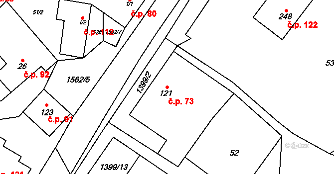 Malhotice 73 na parcele st. 121 v KÚ Malhotice, Katastrální mapa