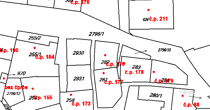 Hranice IV-Drahotuše 176, Hranice na parcele st. 282 v KÚ Drahotuše, Katastrální mapa