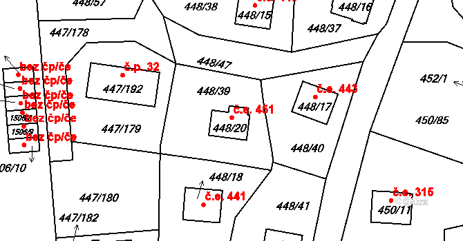 Bližná 451, Černá v Pošumaví na parcele st. 448/20 v KÚ Černá v Pošumaví, Katastrální mapa