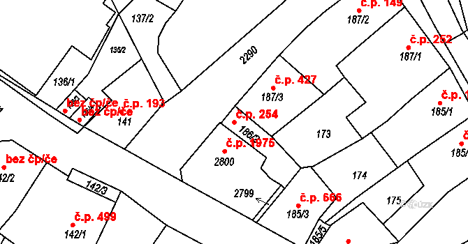 Tišnov 254 na parcele st. 186/2 v KÚ Tišnov, Katastrální mapa