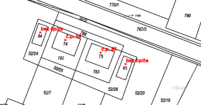 Strabenice 55, Litenčice na parcele st. 75 v KÚ Strabenice, Katastrální mapa