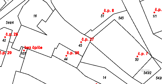 Dušníky 27 na parcele st. 45 v KÚ Dušníky, Katastrální mapa