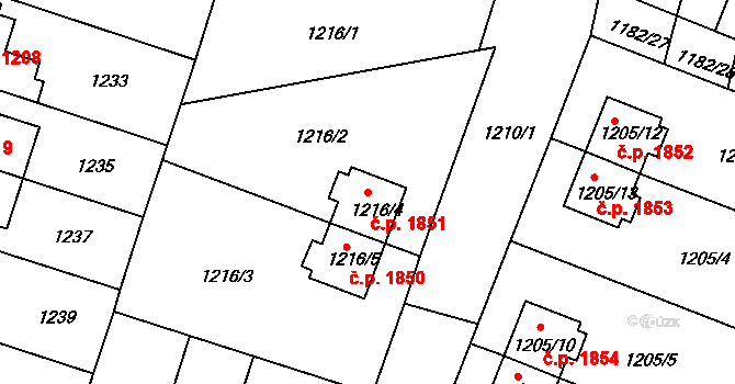 Roudnice nad Labem 1851 na parcele st. 1216/4 v KÚ Roudnice nad Labem, Katastrální mapa