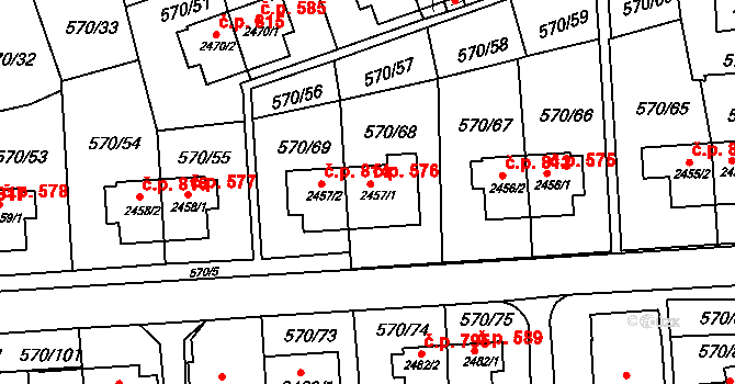 Borovina 576, Třebíč na parcele st. 2457/1 v KÚ Třebíč, Katastrální mapa