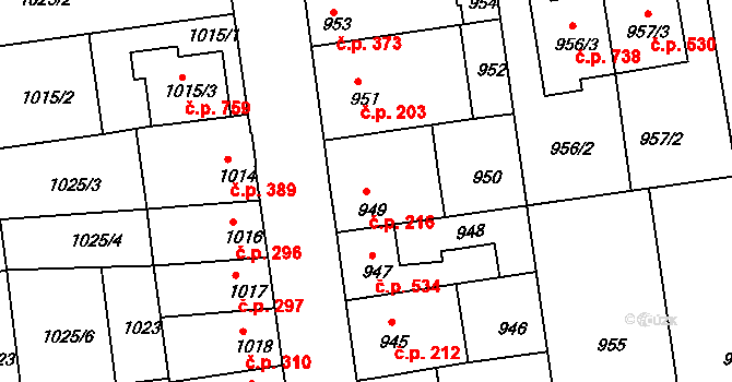 Jundrov 216, Brno na parcele st. 949 v KÚ Jundrov, Katastrální mapa