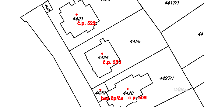 Žabovřesky 523, Brno na parcele st. 4424 v KÚ Žabovřesky, Katastrální mapa