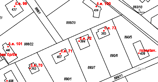 Tehovec 72 na parcele st. 364 v KÚ Tehovec, Katastrální mapa