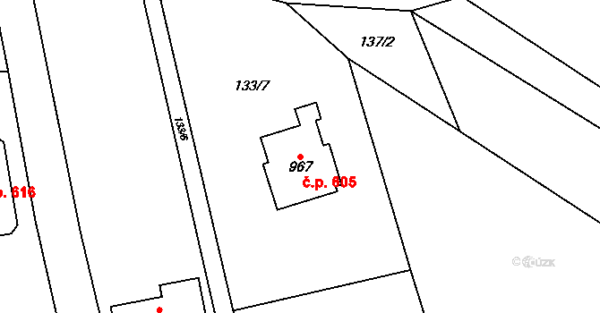 Veltrusy 605 na parcele st. 967 v KÚ Veltrusy, Katastrální mapa