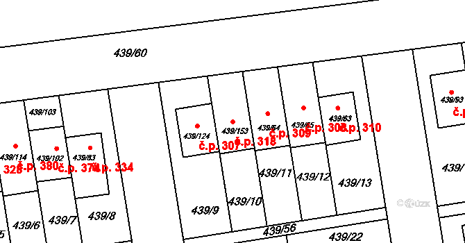 Štěrboholy 318, Praha na parcele st. 439/153 v KÚ Štěrboholy, Katastrální mapa