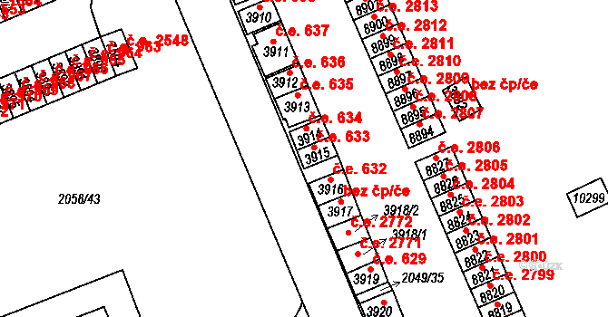 Hodonín 633 na parcele st. 3915 v KÚ Hodonín, Katastrální mapa