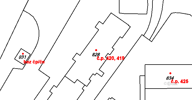 Rokytnice 419,420, Vsetín na parcele st. 828 v KÚ Rokytnice u Vsetína, Katastrální mapa