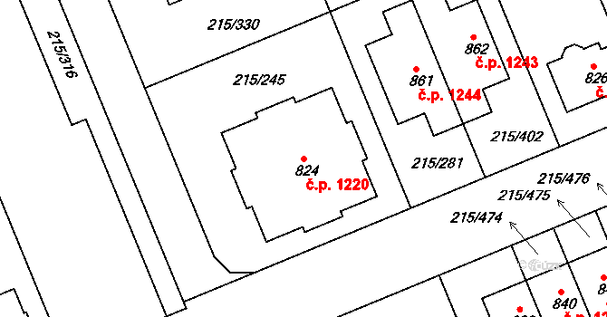 Rudná 1220 na parcele st. 824 v KÚ Hořelice, Katastrální mapa