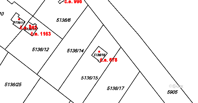 Velké Meziříčí 678 na parcele st. 5136/16 v KÚ Velké Meziříčí, Katastrální mapa