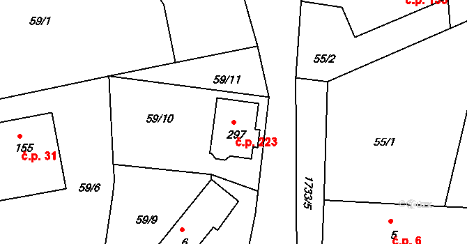 Lodhéřov 223 na parcele st. 297 v KÚ Lodhéřov, Katastrální mapa