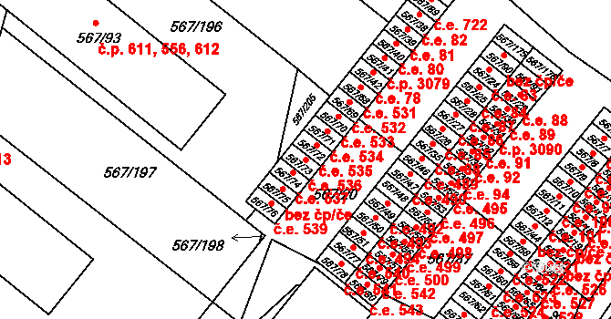 Vyškov-Předměstí 536, Vyškov na parcele st. 567/73 v KÚ Vyškov, Katastrální mapa