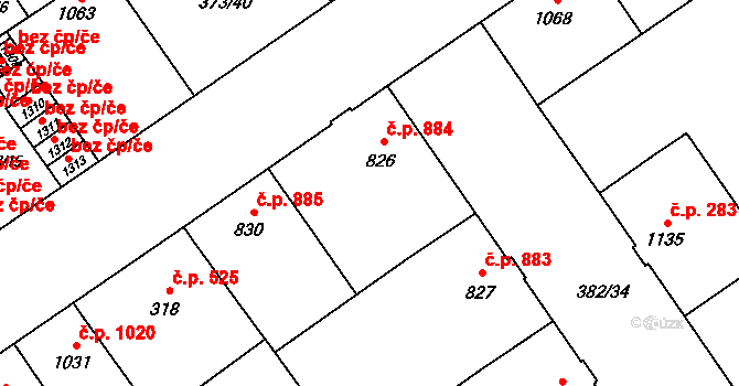 Přívoz 884, Ostrava na parcele st. 826 v KÚ Přívoz, Katastrální mapa