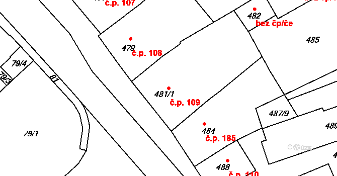 Měřín 109 na parcele st. 481/1 v KÚ Měřín, Katastrální mapa