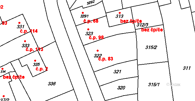 Hrušky 83 na parcele st. 322 v KÚ Hrušky u Brna, Katastrální mapa