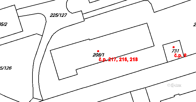 Meziboří 216,217,218 na parcele st. 208/1 v KÚ Meziboří u Litvínova, Katastrální mapa