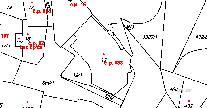 Čimice 883, Praha na parcele st. 13 v KÚ Čimice, Katastrální mapa