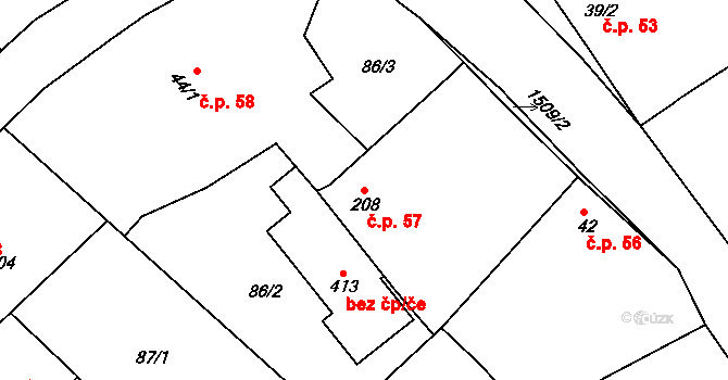 Rosice 57 na parcele st. 208 v KÚ Rosice u Chrasti, Katastrální mapa