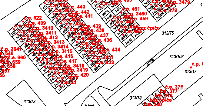 Vyškov-Předměstí 434, Vyškov na parcele st. 340/72 v KÚ Vyškov, Katastrální mapa