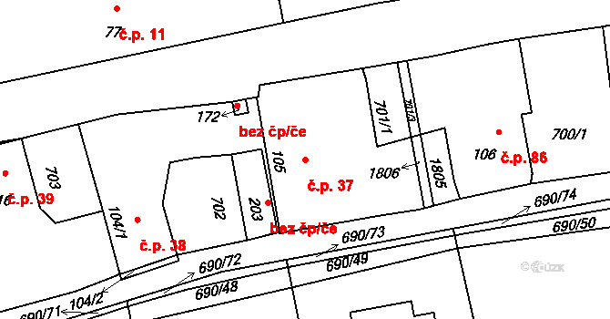 Horušany 37, Soběkury na parcele st. 105 v KÚ Horušany, Katastrální mapa