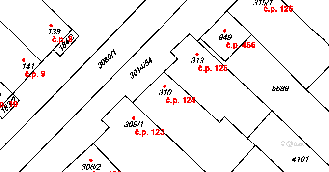 Březí 124 na parcele st. 310 v KÚ Březí u Mikulova, Katastrální mapa
