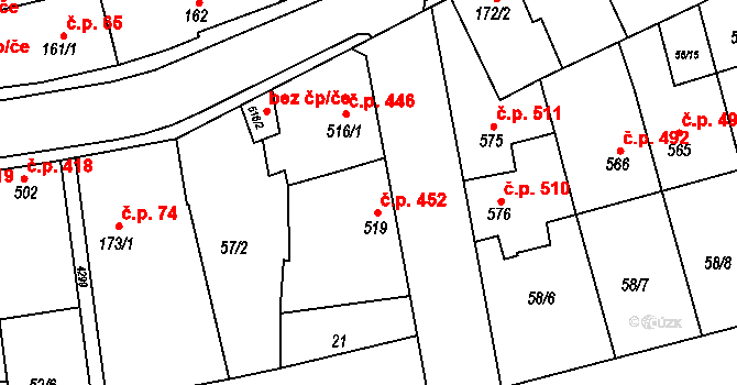 Dobřany 452 na parcele st. 519 v KÚ Dobřany, Katastrální mapa