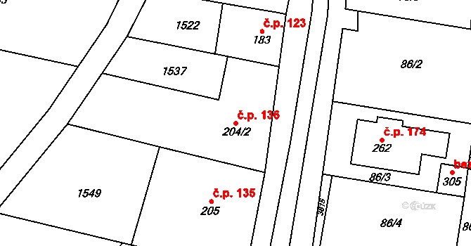 Lipník nad Bečvou VI-Loučka 136, Lipník nad Bečvou na parcele st. 204/2 v KÚ Loučka, Katastrální mapa